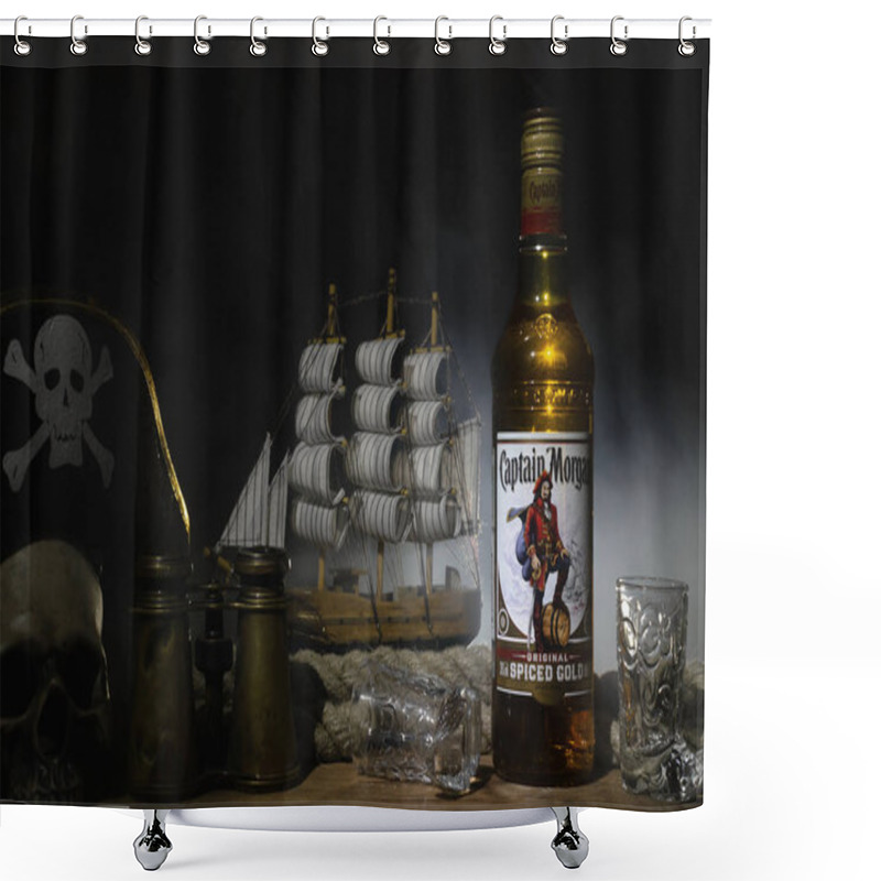 Personality  Kurgan, Russia January 20, 2019: Rum - Captain Morgan Spiced Gold Original On The Table. Shower Curtains
