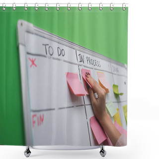 Personality  Cropped View Of Businesswoman Puting Sticky Note On Task Board Shower Curtains