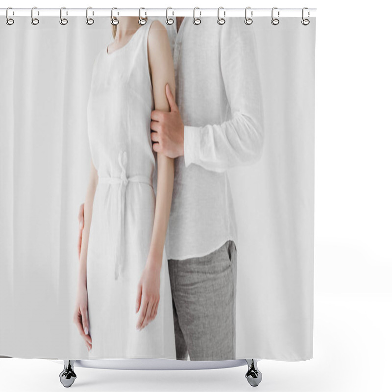 Personality  cropped image of man in linen clothes embracing girlfriend isolated on grey background shower curtains