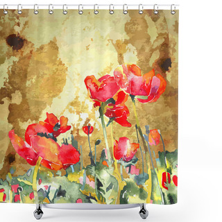 Personality  Original Watercolor Poppy Flower In Gold Background Shower Curtains