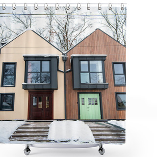 Personality  Stylish Modern Buildings With Snow On Roofs Near Trees Shower Curtains