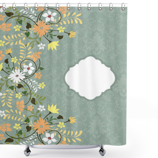 Personality  Vintage Invitation Card With Ornate Elegant Retro Abstract Floral Design, Multi-colored Flowers And Leaves On Laurel Green Background With Plaque Text Label. Vector Illustration Shower Curtains
