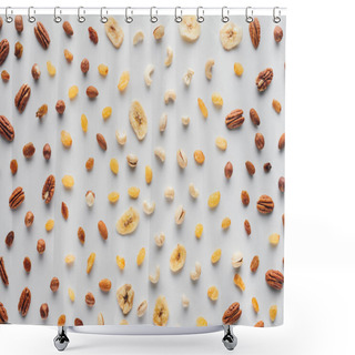 Personality  Flat Lay With Mix Of Dried Fruits And Nuts Isolated On White Background Shower Curtains