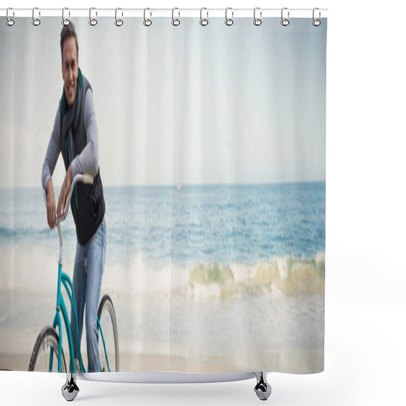 Personality  Digital Composite Of Handsome Man On A Bike Ride Against Scenic View Of Beach Shower Curtains