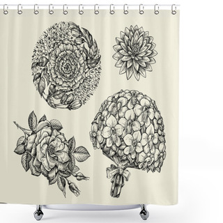 Personality  Flowers. Hand Drawn Sketch Flower, Rose, Peony, Lotus, Orchid, Bouquet. Vector Illustration Shower Curtains