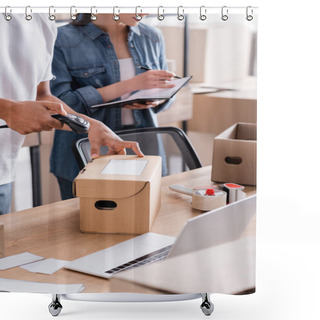 Personality  Cropped View Of African American Seller Scanning Package Near Laptop And Colleague In Online Web Store  Shower Curtains