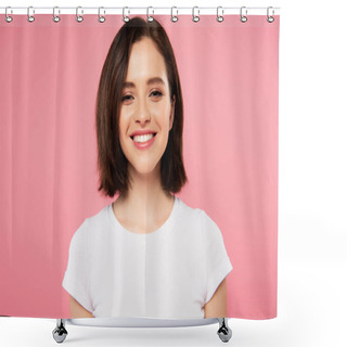 Personality  Beautiful Smiling Girl Isolated On Pink Shower Curtains