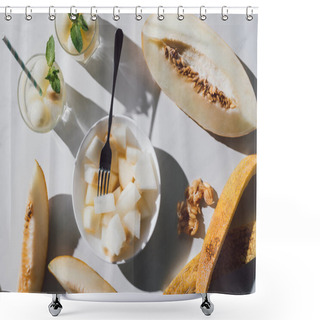 Personality  Top View Of Delicious Sliced Melon, Glasses With Refreshing Beverage And Seeds On White  Shower Curtains