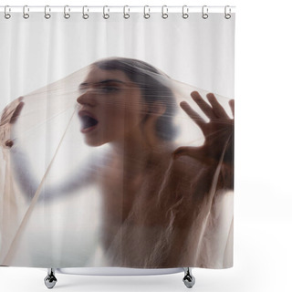 Personality  Young Woman Screaming Through Polyethylene Isolated On White, Ecology Concept Shower Curtains