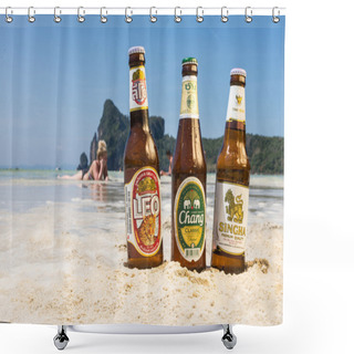 Personality  Chang,Singha And Leo Beer On The Beach Shower Curtains