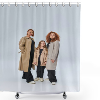 Personality  Redhead Family In Autumn Coats And Standing Together On Grey Background, Happy Female Generations Shower Curtains