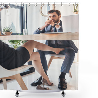 Personality  Woman Flirting With Man Under Table Shower Curtains