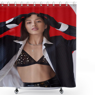 Personality  Modern Fashion, Young Asian Woman In Bra, White Shirt And Blazer Posing In Gloves Near Red Round Shaped Glass, Grey Background, Personal Style, Underwear And Jacket, Youth  Shower Curtains