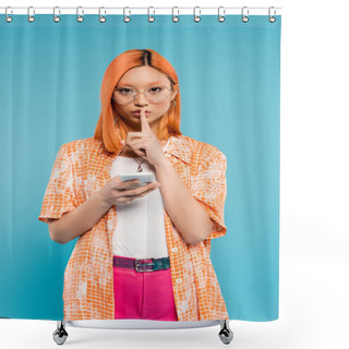 Personality  Secrecy, Silent Please, Young Asian Woman Holding Smartphone, Looking At Camera And Showing Hush Sign On Blue Background, Dyed Red Hair, Trendy Eyeglasses, Orange Shirt, Summer Fashion Shower Curtains