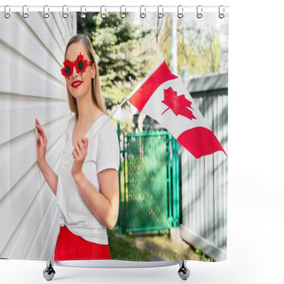 Personality  Happy Canada Day Concept. Woman With Canadian Flag Smiling Wearing Fancy Sunglasses Looking To The Camera. Proud Canadian. Shower Curtains