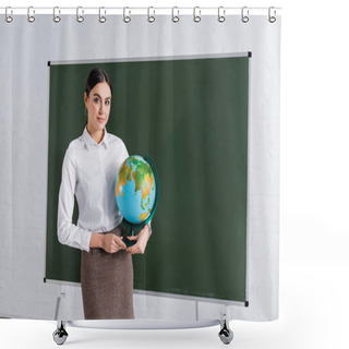 Personality  Teacher Holding Globe And Looking At Camera Near Chalkboard  Shower Curtains