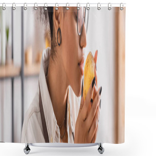 Personality  Cropped View Of African American Craftswoman In Eyeglasses Enjoying Flavor Of Handmade Soap In Workshop, Banner Shower Curtains