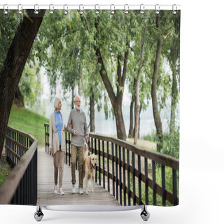 Personality  Senior Wife And Husband Walking With Friendly Dog In Park Shower Curtains