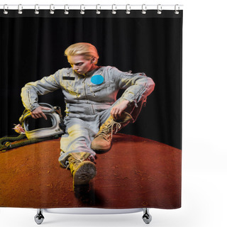 Personality  Beautiful Astronaut In Spacesuit With Helmet Sitting On Planet Shower Curtains