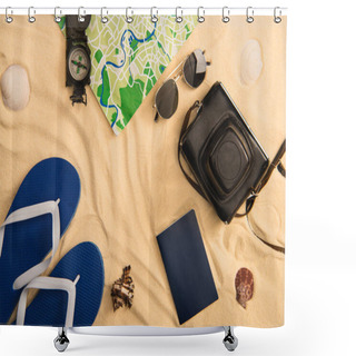 Personality  Top View Of Summer Accessories And Map With Compass On Sand With Seashells Shower Curtains