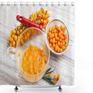 Personality  Preparing Of Sea Buckthorn Tea And Berries Shower Curtains