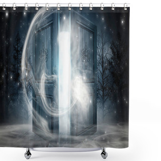 Personality  Open Doors. Abstract Light. Night View, Magic Fantasy, Smoke, Smog, Neon. Dark Forest. Abstract Dark Background. Old Wooden Doors. Shower Curtains