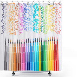 Personality  Panoramic Shot Of Set Of Bright Color Felt-tip Pens Without Cups Isolated On White Shower Curtains