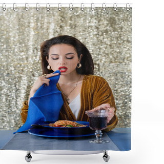 Personality  Sexy And Elegant Woman Holding Blue Napkin Near Delicious Pasta And Glass Of Red Wine On Glitter Background Shower Curtains