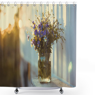 Personality  Summer Bouquet Of Wild Pansies In Vase On Sunset Background Shower Curtains