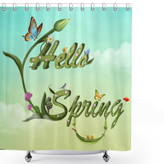 Personality  Hello Spring Digital Illustration With Flowers, Butterflies And Lovely Birds Shower Curtains
