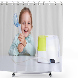 Personality  Photo Of Small Child Laughs Happily, Does Inhalation, Cures Asthma, Dressed In Light Blue Turle Neck Sweater, Isolated Over White Background. Therapy With Inhaler. Kid With Respiratory Problem Shower Curtains