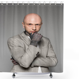 Personality  Confident Tattooed Man In Suit Jacket Standing With Hand On Chin And Looking At Camera Isolated On Grey Shower Curtains