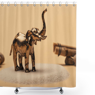 Personality  Selective Focus Of Toy Elephant On Sand With Stones And Wooden Sticks On Yellow Background, Animal Welfare Concept Shower Curtains