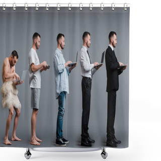 Personality  Collage Of Caveman, Man And Businessman Using Laptop On Grey, Evolution Concept  Shower Curtains
