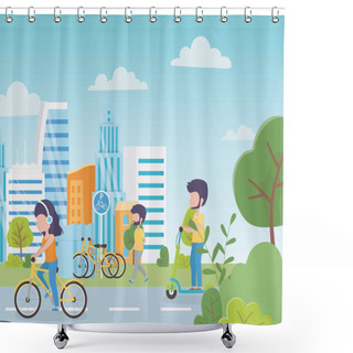 Personality  Urban Ecology Parking Bikes Woman In Bicycle Man In Electric Scooter People Walking Street Town Shower Curtains