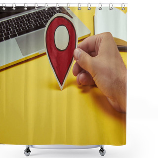 Personality  Cropped Image Of Man Holding Paper Location Sign Near Laptop Shower Curtains