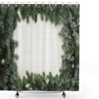 Personality  Top View Of Beautiful Evergreen Fir Twigs On White Wooden Background  Shower Curtains