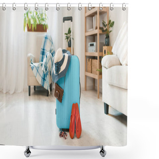 Personality  Blue Suitcase With Havaianas And Hat At Home Interior. Shower Curtains