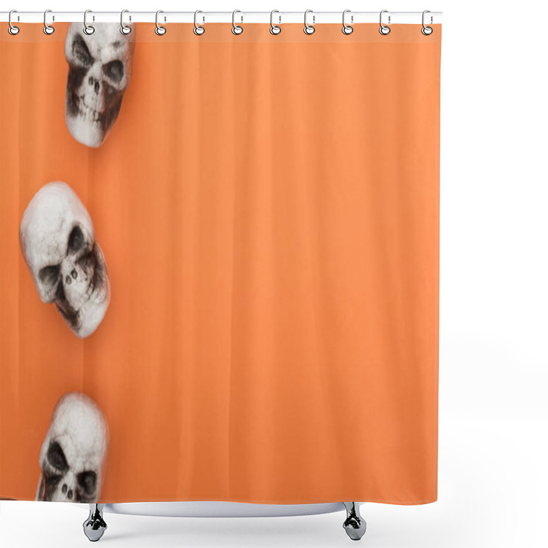 Personality  top view of decorative skulls on orange background with copy space shower curtains