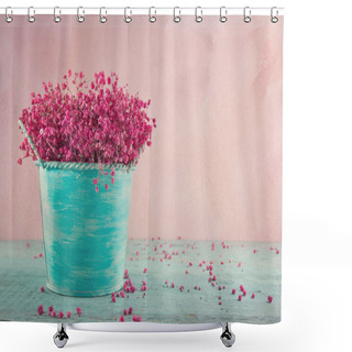 Personality  Pink Baby's Breath Flowers On Wooden Background Shower Curtains