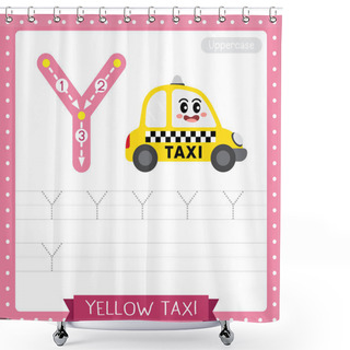 Personality  Letter Y Uppercase Cute Children Colorful Transportations ABC Alphabet Tracing Practice Worksheet Of Yellow Taxi For Kids Learning English Vocabulary And Handwriting Vector Illustration. Shower Curtains