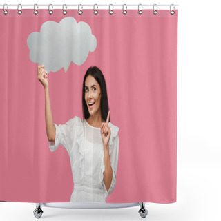 Personality  Happy Girl Holding Thought Bubble And Gesturing Isolated On Pink  Shower Curtains