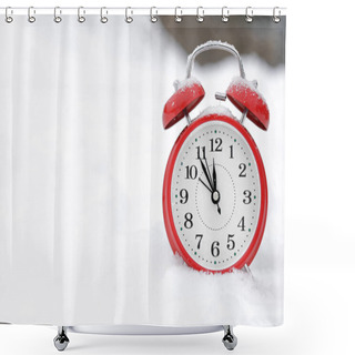 Personality  Red Alarm Clock On White Snow Outdoors. Space For Text Shower Curtains