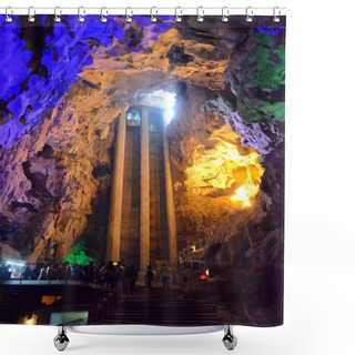 Personality  Beautiful Illuminated Multicolored Stalactites From Karst Reed Flute Cave. Guilin Guangxi China Shower Curtains