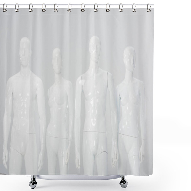 Personality  White Plastic Dummies In Row Isolated On Grey  Shower Curtains