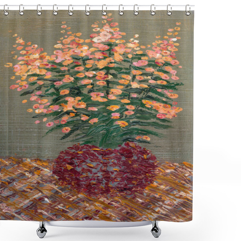 Personality  Still life oil. Bouquet of orange flowers in a round vase shower curtains