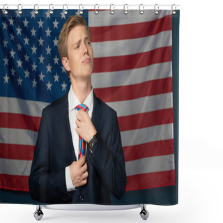 Personality  Man Fixing Tie On American Flag Background Shower Curtains