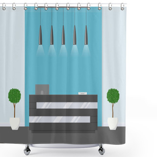 Personality  Reception In Modern Office. Business Office, Clinic Or Hotel Interior In Blue Colors With Flowers And Reception Desk. Shower Curtains