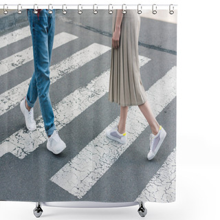 Personality  Cropped Shot Of Stylish Woman In Skirt And Man In Jeans Walking On Crosswalk At City Street Shower Curtains