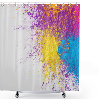 Personality  Top View Of Explosion Of Yellow, Purple, Orange And Blue Holi Powder On White Background Shower Curtains
